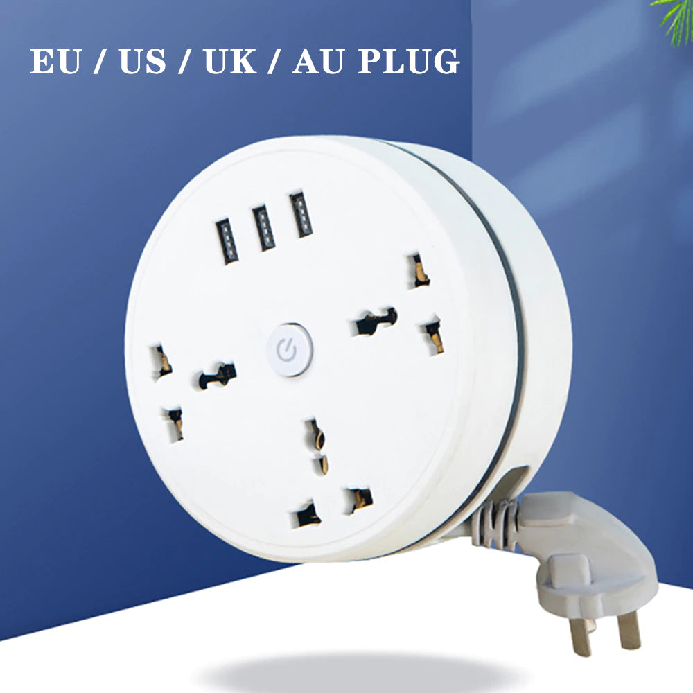 "Power up Your Devices Anywhere with Our round Universal Power Strip - Portable and Smart, with USB Phone Charger and Multiple Plug Options!"