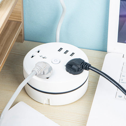 "Power up Your Devices Anywhere with Our round Universal Power Strip - Portable and Smart, with USB Phone Charger and Multiple Plug Options!"