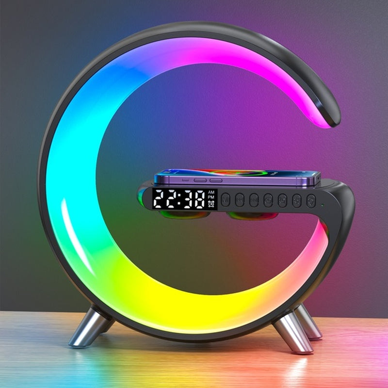 "Ultimate Wireless Charging Hub: Alarm Clock, Speaker, RGB Night Light, and More for Iphone and Samsung!"